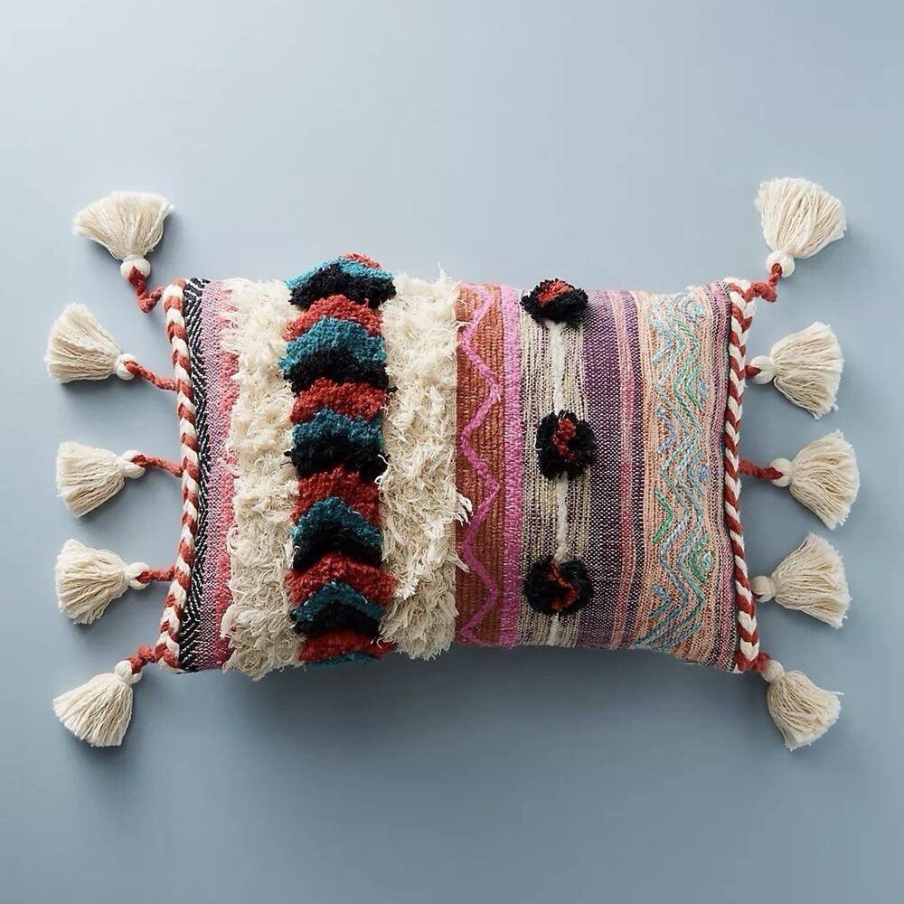 Anthropologie Rami Embroidered Boho Tassel Lumbar Pillow Cover 20x14 - NO INSERT